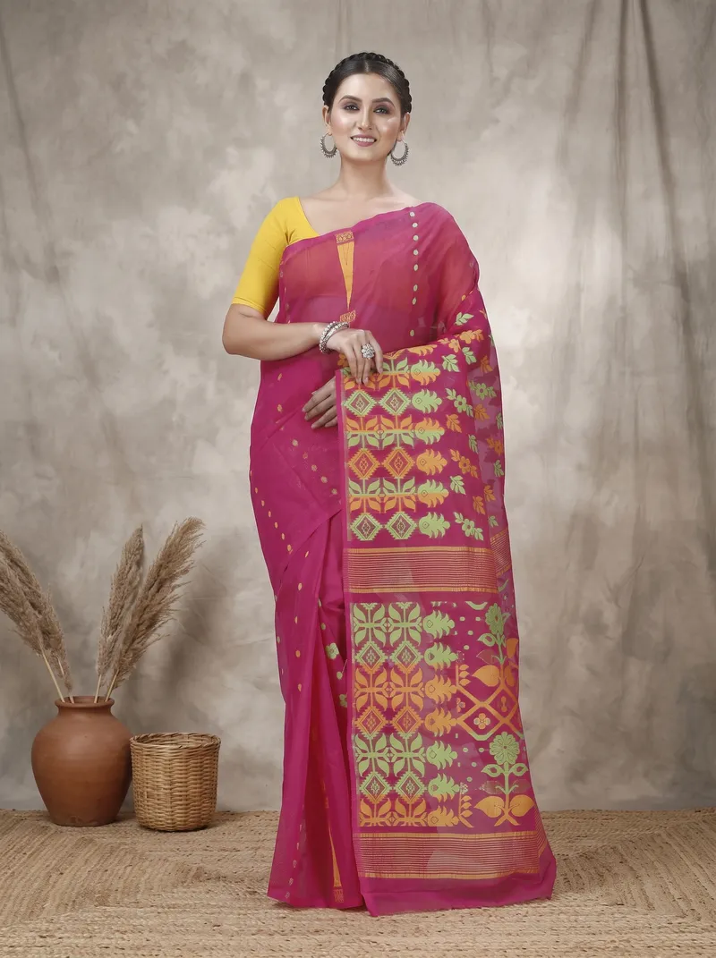 DipDiya Pure Cotton  Traditional Bengali Maroon Artisan Crafted Urmila Jamdani Saree