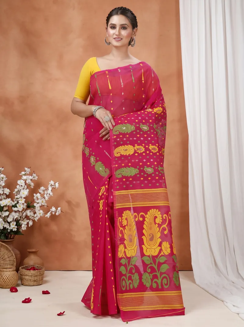 DipDiya Pure Cotton  Traditional Bengali Maroon Artisan Crafted Vani Jamdani Saree
