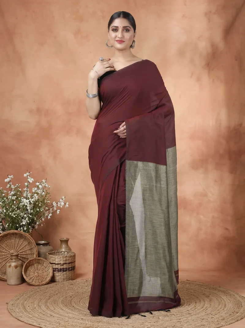 DipDiya Pure Cotton  Traditional Bengali Merron Artisan Crafted Kesh Than Handloom Saree