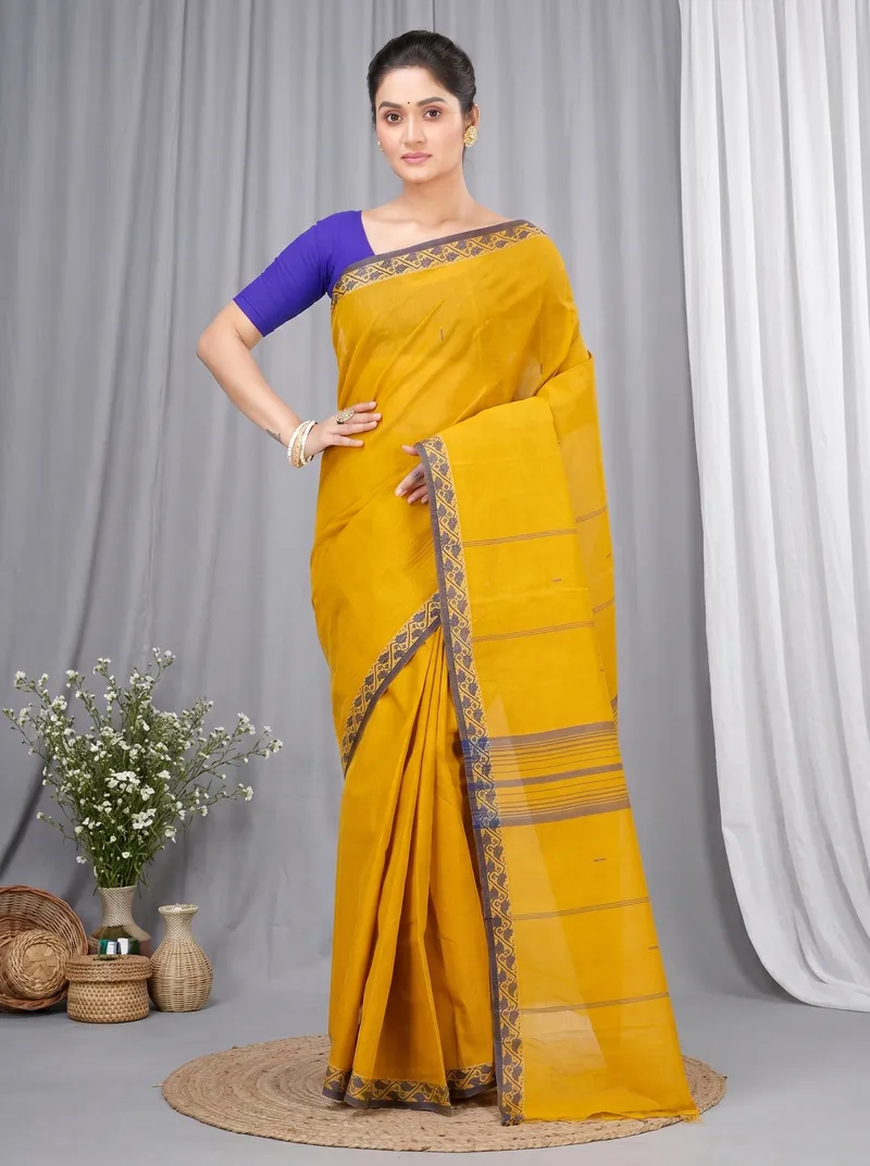 DipDiya Pure Cotton  Traditional Bengali Mustard Yellow Artisan Crafted Gaela Tant Saree