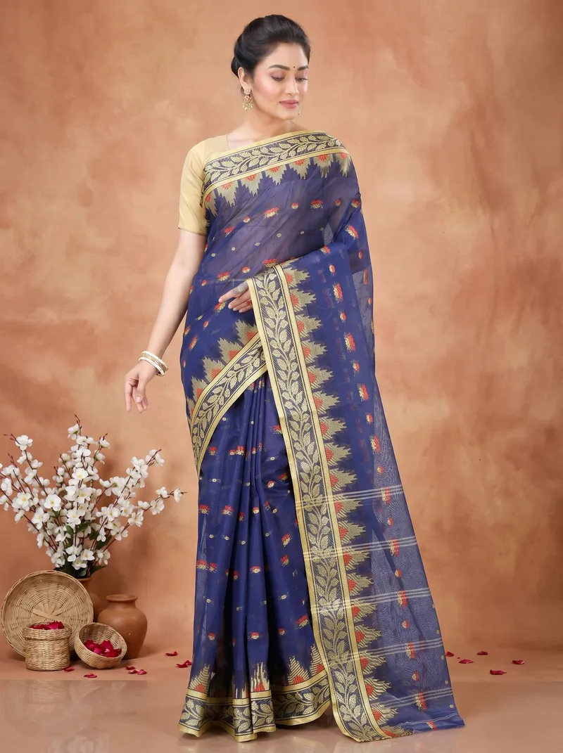 DipDiya Pure Cotton  Traditional Bengali Naby Blue Artisan Crafted Gunjan Tant Saree