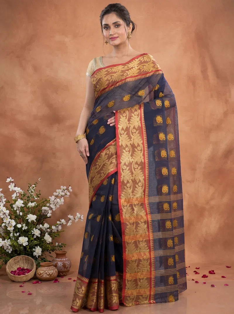 DipDiya Pure Cotton  Traditional Bengali Naby Blue Artisan Crafted HasFul Tant Saree