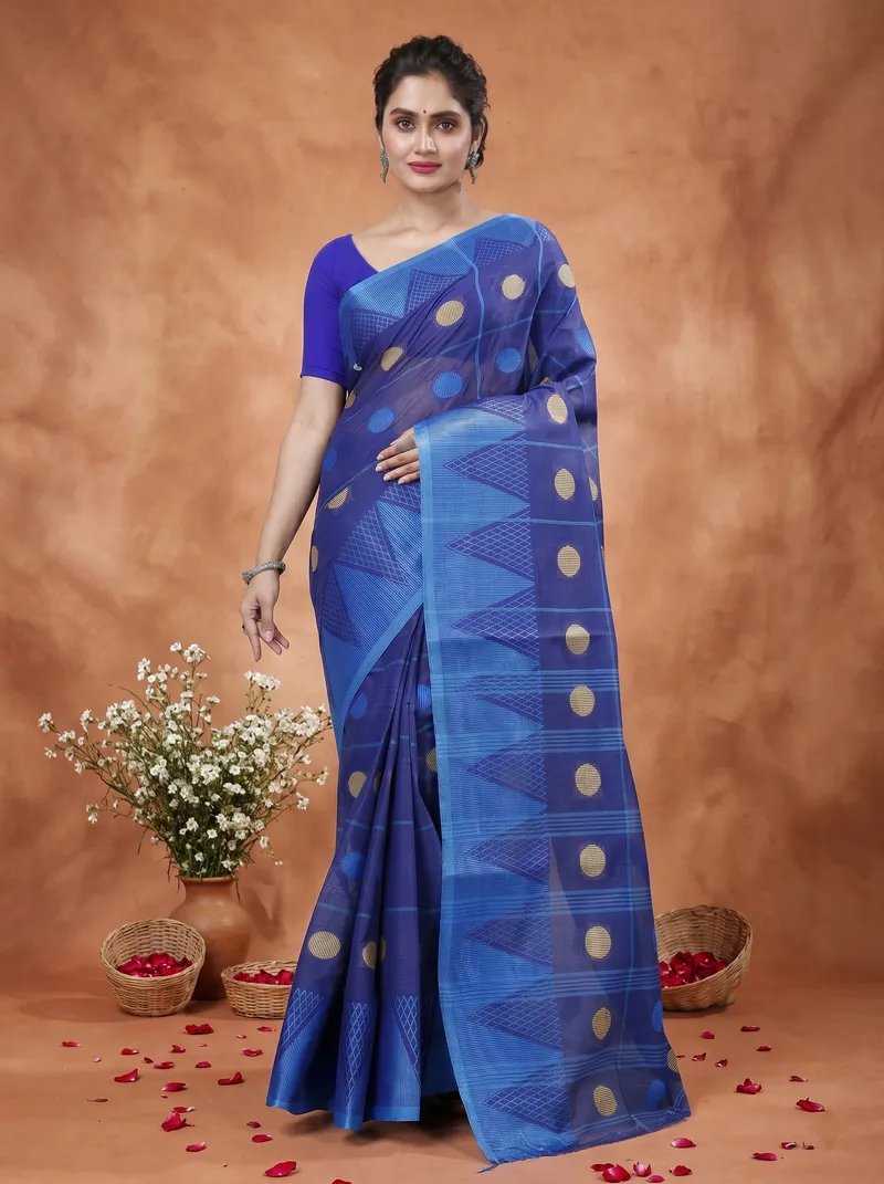 DipDiya Pure Cotton  Traditional Bengali Naby Blue Artisan Crafted Rebeka Tant Saree