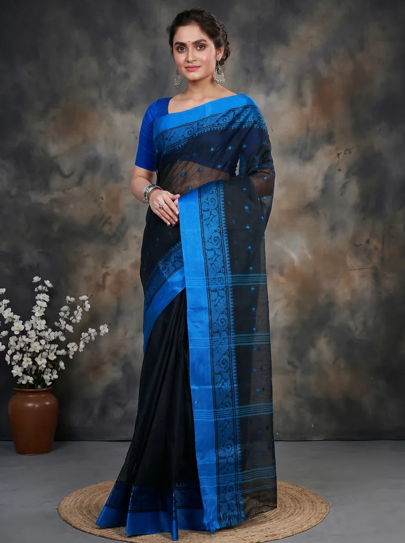 DipDiya Pure Cotton  Traditional Bengali Naby Blue Artisan Crafted Sorbori Tant Saree