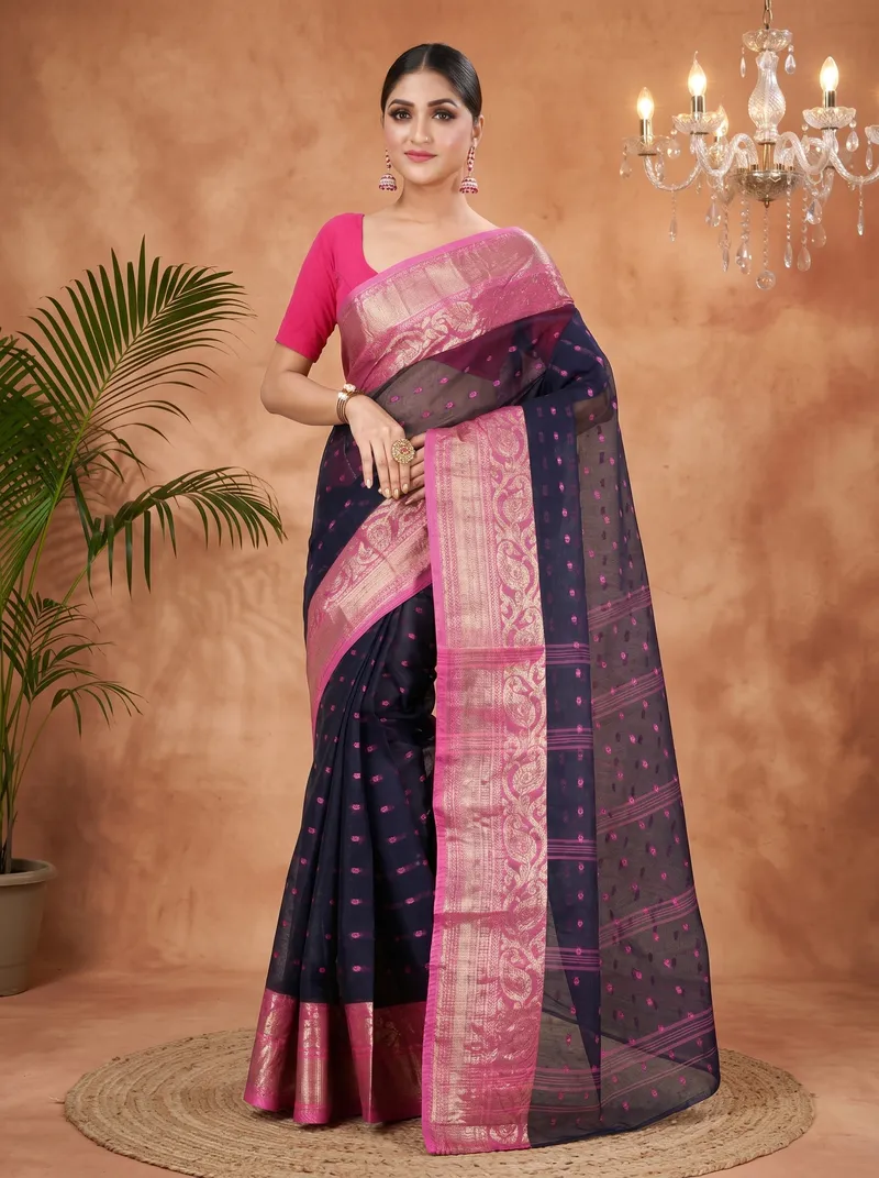 DipDiya Pure Cotton  Traditional Bengali Night Blue Artisan Crafted Sachi Tant Saree