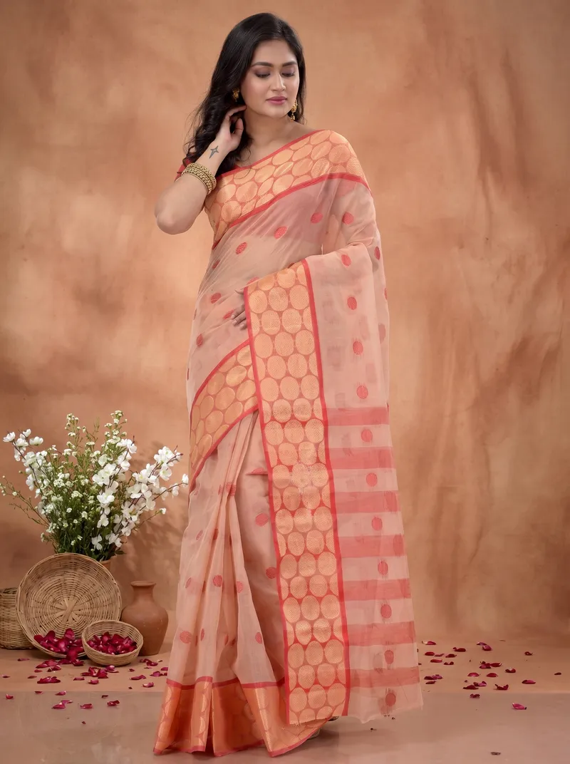 DipDiya Pure Cotton  Traditional Bengali Off-White Artisan Crafted Ganga Jamuna Tant Saree