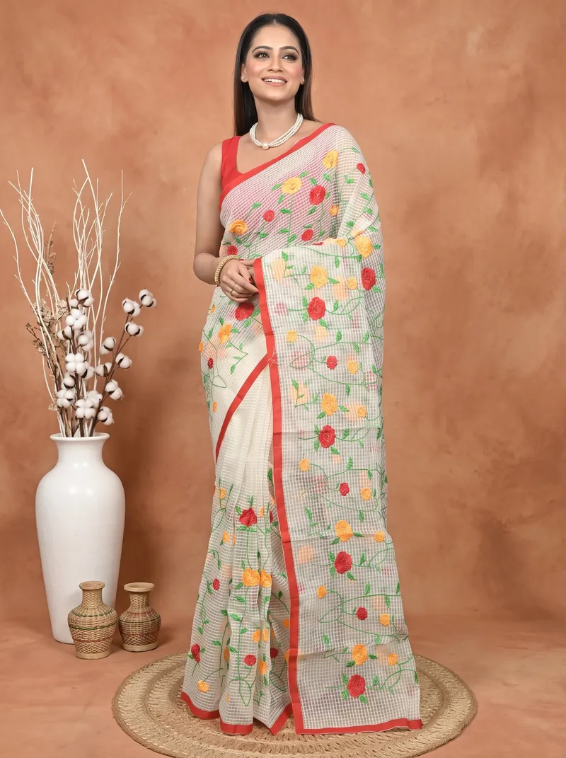 DipDiya Pure Cotton  Traditional Bengali Off-White Artisan Crafted Kotamboo Kota Embroidery Saree