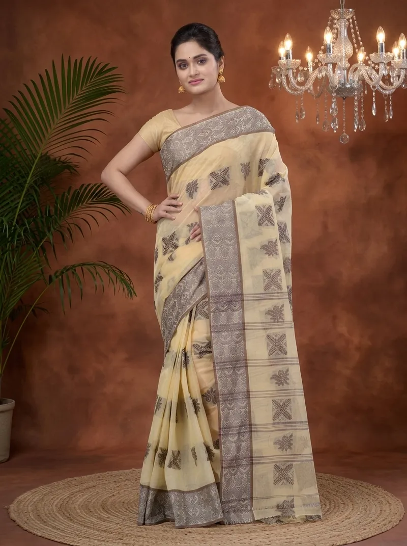 DipDiya Pure Cotton  Traditional Bengali Off-White Artisan Crafted Suparna Buti Tant Saree