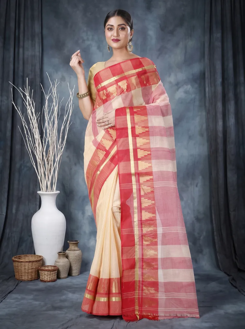 DipDiya Pure Cotton  Traditional Bengali Off White Artisan Crafted Vrinda Tant Saree