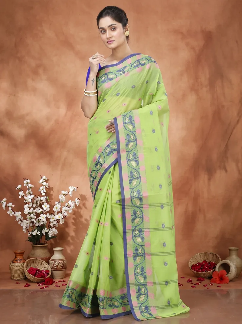 DipDiya Pure Cotton  Traditional Bengali Olive Green Artisan Crafted Govindi Tant Saree