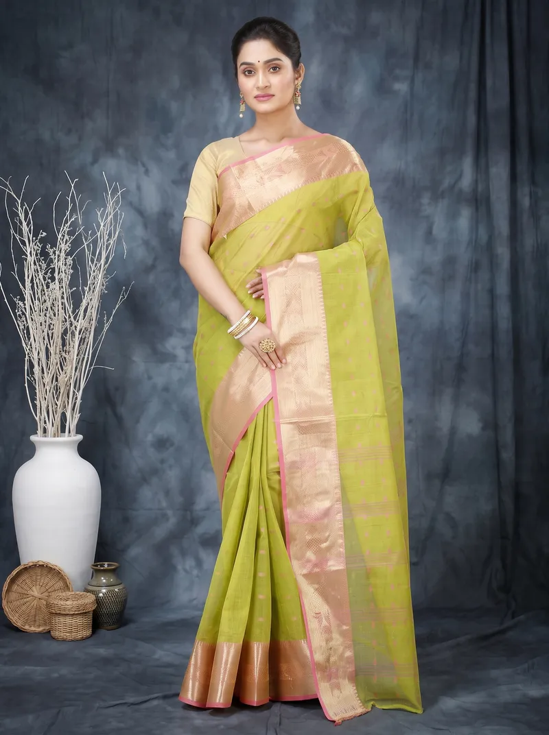 DipDiya Pure Cotton  Traditional Bengali Olive Green Artisan Crafted Griva Tant Saree