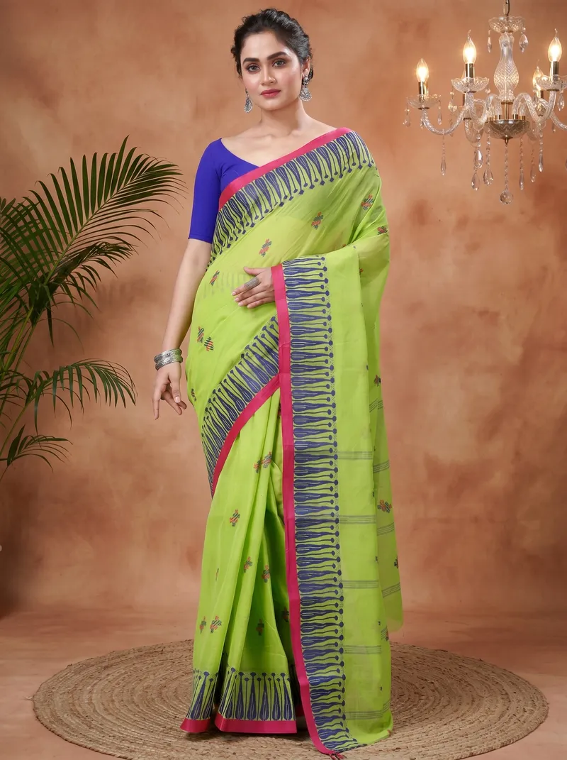 DipDiya Pure Cotton  Traditional Bengali Olive Green Artisan Crafted Simar Tant Saree