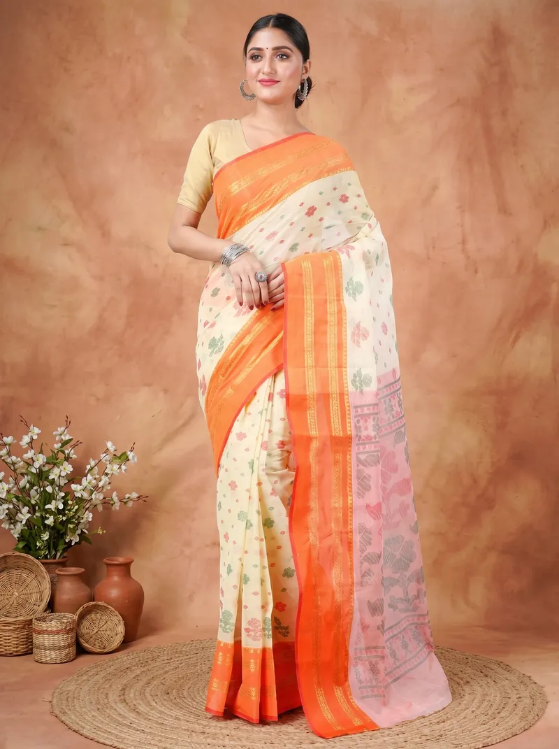 DipDiya Pure Cotton  Traditional Bengali Orange Artisan Crafted FullBall Print Printed Tant Saree