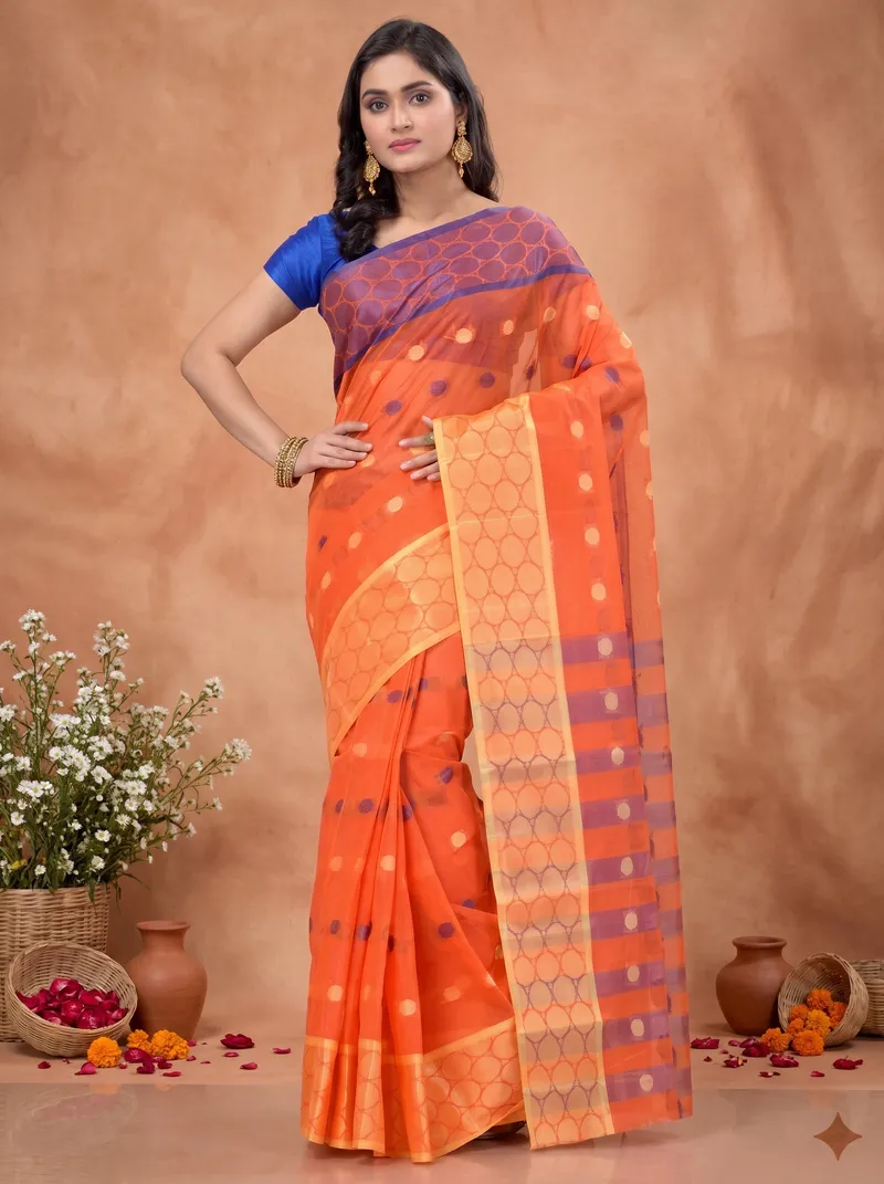 DipDiya Pure Cotton  Traditional Bengali Orange Artisan Crafted Ganga Jamuna Tant Saree