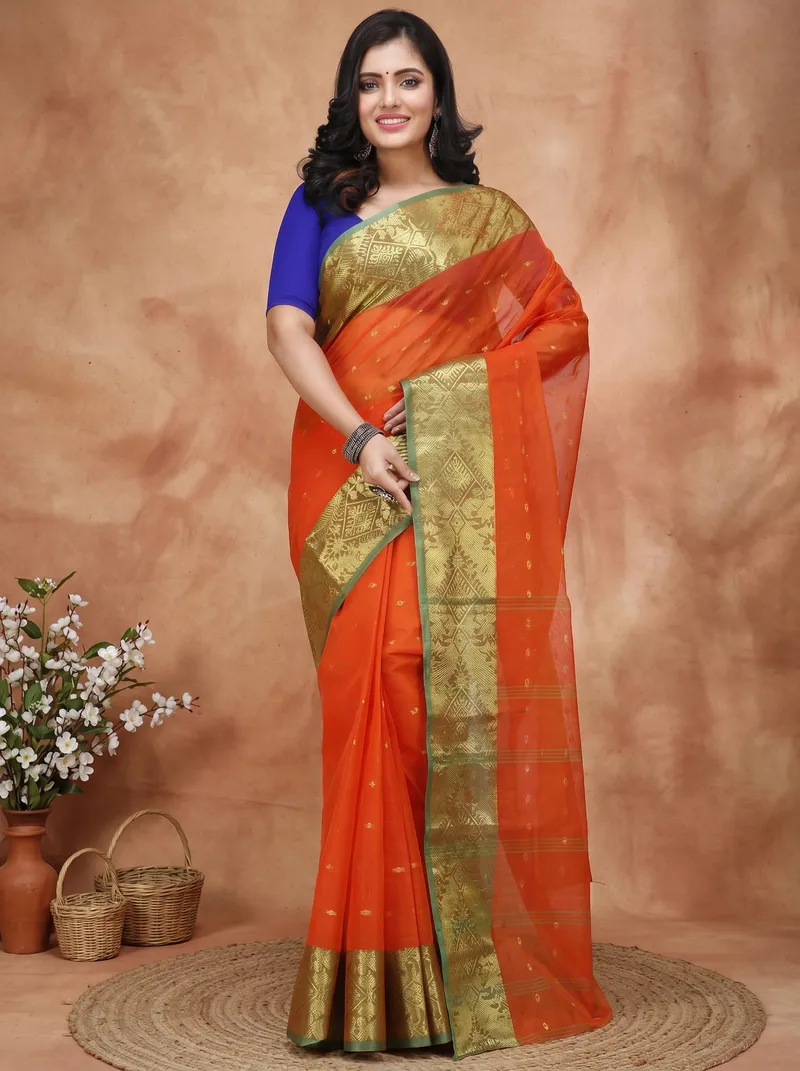 DipDiya Pure Cotton  Traditional Bengali Orange Artisan Crafted Gopa Tant Saree