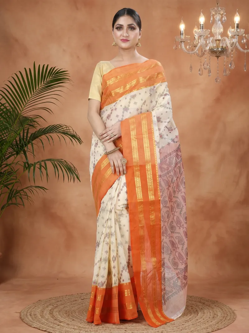 DipDiya Pure Cotton  Traditional Bengali Orange Artisan Crafted Rashi Print Printed Tant Saree