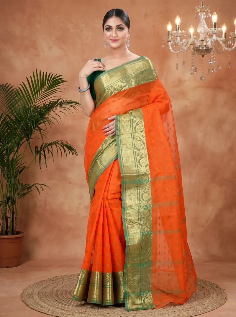 DipDiya Pure Cotton  Traditional Bengali Orange Artisan Crafted Sachi Tant Saree