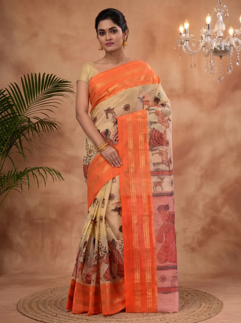 DipDiya Pure Cotton  Traditional Bengali Orange Artisan Crafted Sakuntala Printed Tant Saree