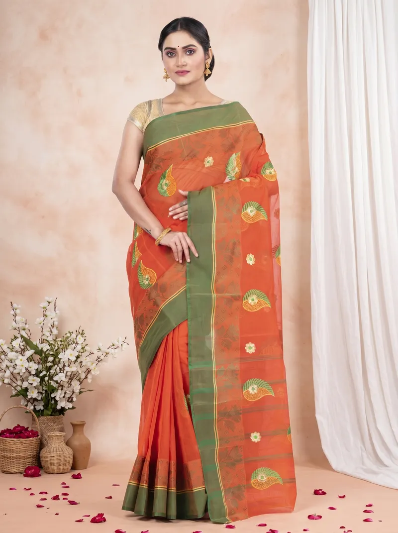DipDiya Pure Cotton  Traditional Bengali Orange Artisan Crafted Shanko Embro Embroidery Tant Saree