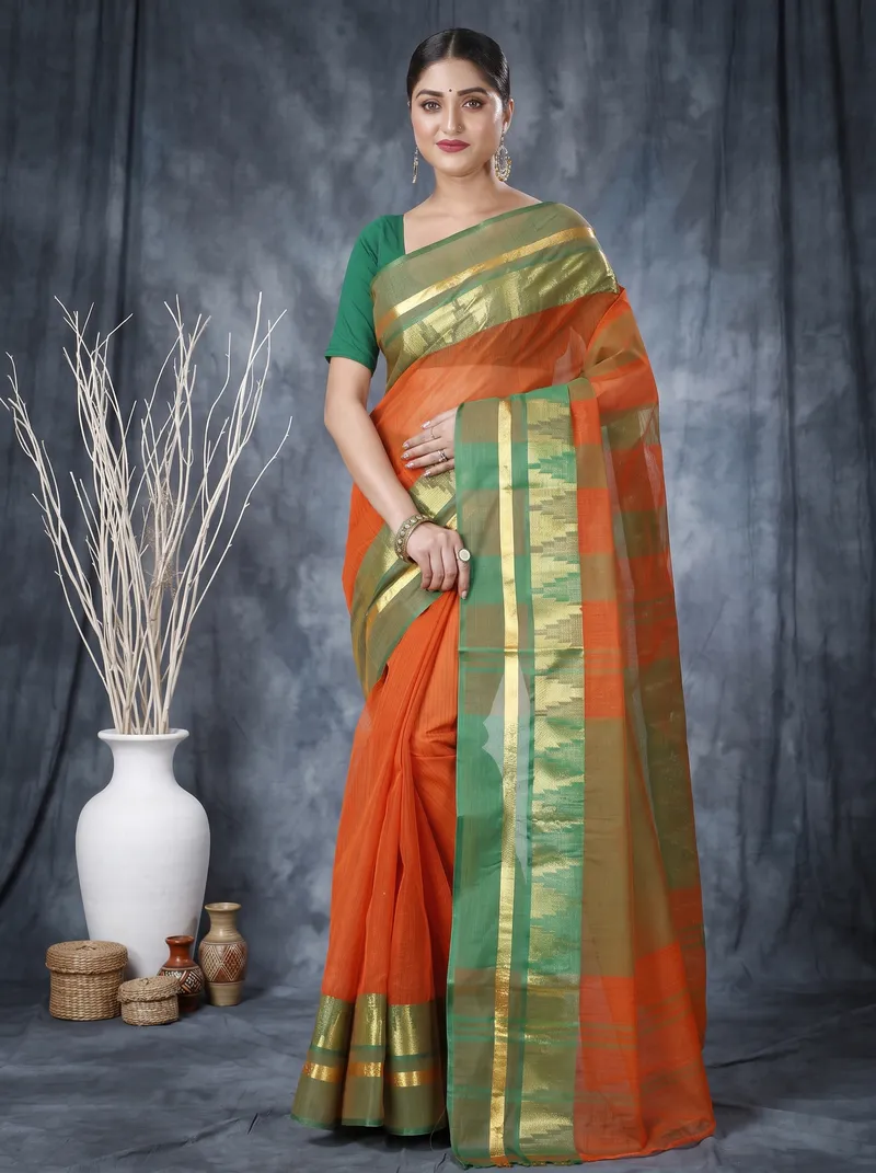 DipDiya Pure Cotton  Traditional Bengali Orange Artisan Crafted Vrinda Tant Saree