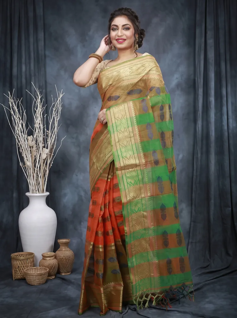 DipDiya Pure Cotton  Traditional Bengali Orange Green Artisan Crafted Raj Nandi Tant Saree
