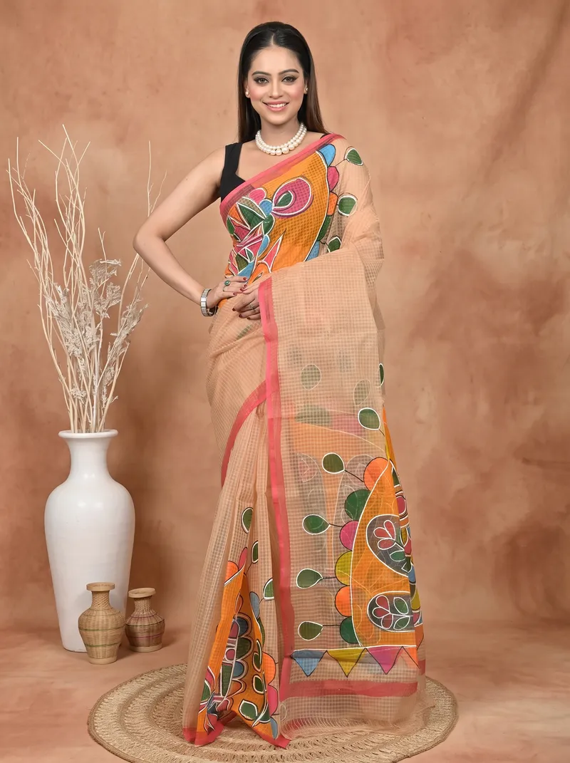 DipDiya Pure Cotton  Traditional Bengali Peach Artisan Crafted Kotafab Kota Fabric Saree