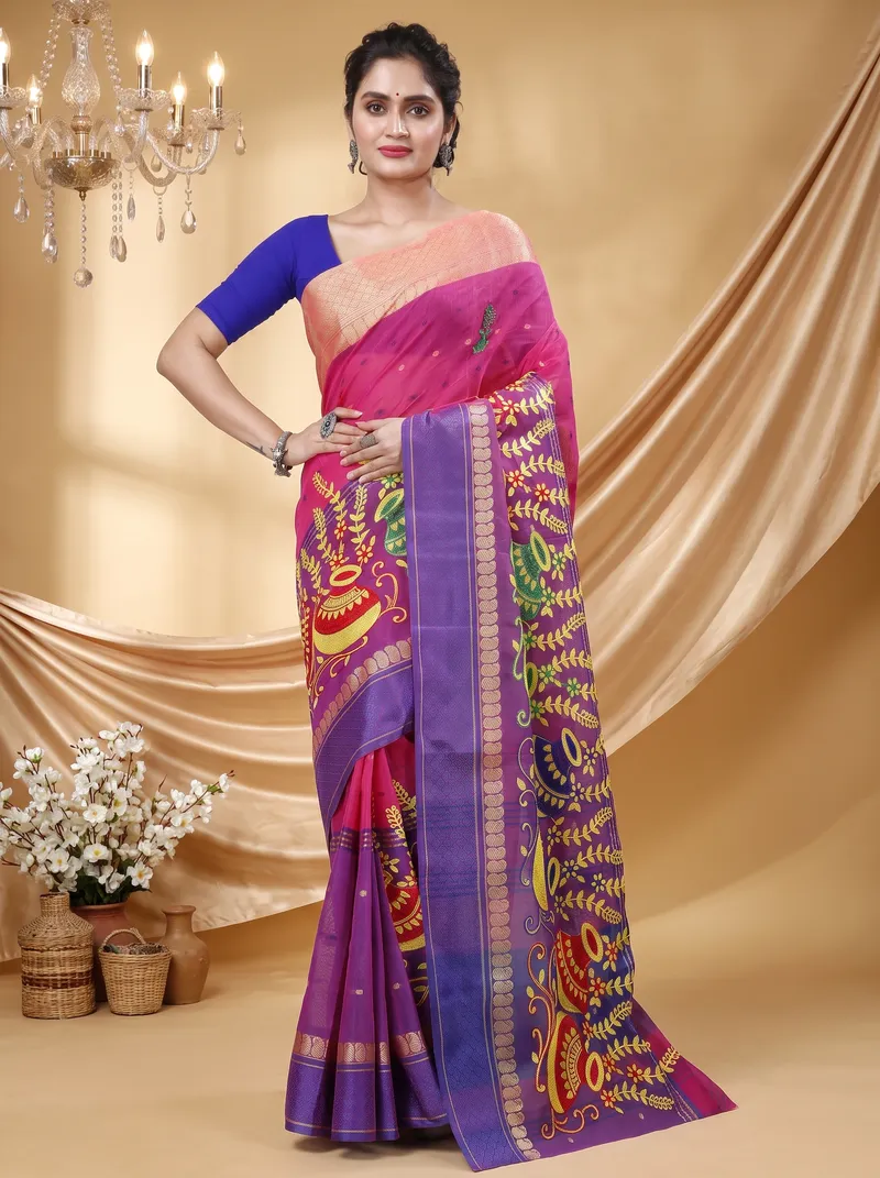 DipDiya Pure Cotton  Traditional Bengali Pink Artisan Crafted Embi Ganga Buti Embroidery Tant Saree