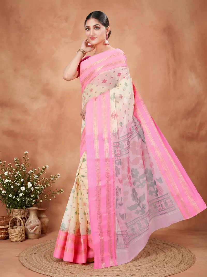 DipDiya Pure Cotton  Traditional Bengali Pink Artisan Crafted FullBall Print Printed Tant Saree