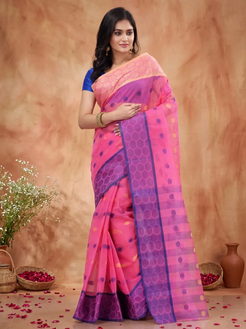 DipDiya Pure Cotton  Traditional Bengali Pink Artisan Crafted Ganga Jamuna Tant Saree