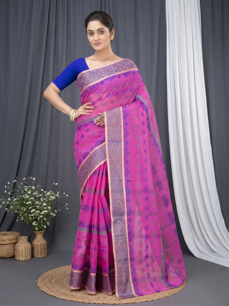 DipDiya Pure Cotton  Traditional Bengali Pink Artisan Crafted Ghusoon Tant Saree