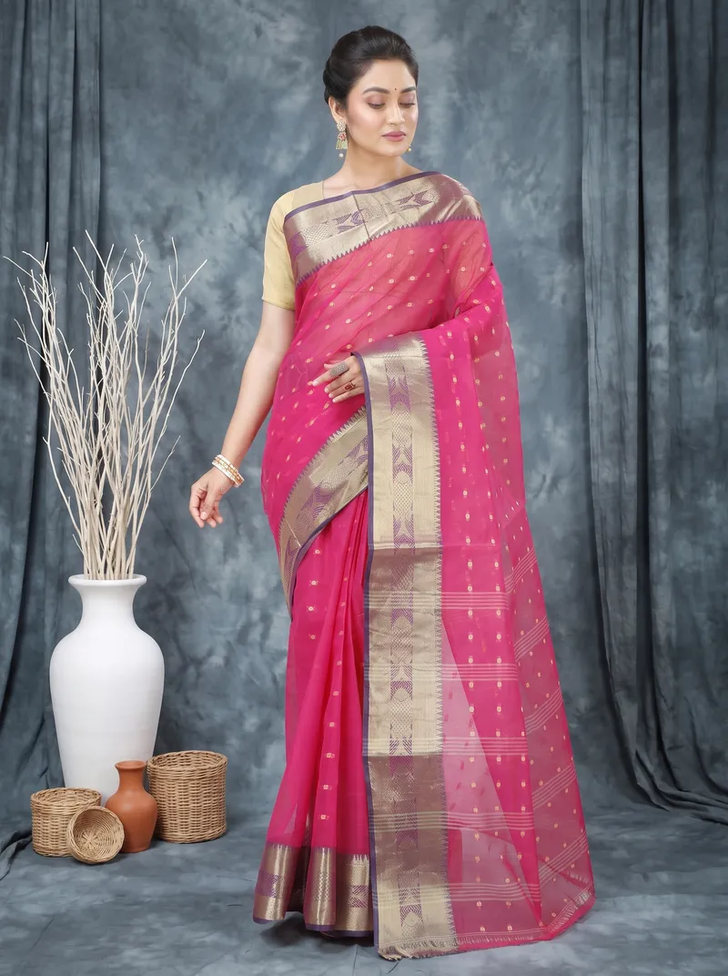 DipDiya Pure Cotton  Traditional Bengali Pink Artisan Crafted Griva Tant Saree