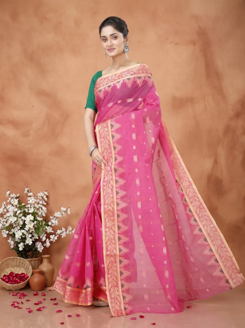 DipDiya Pure Cotton  Traditional Bengali Pink Artisan Crafted Gunjan Tant Saree