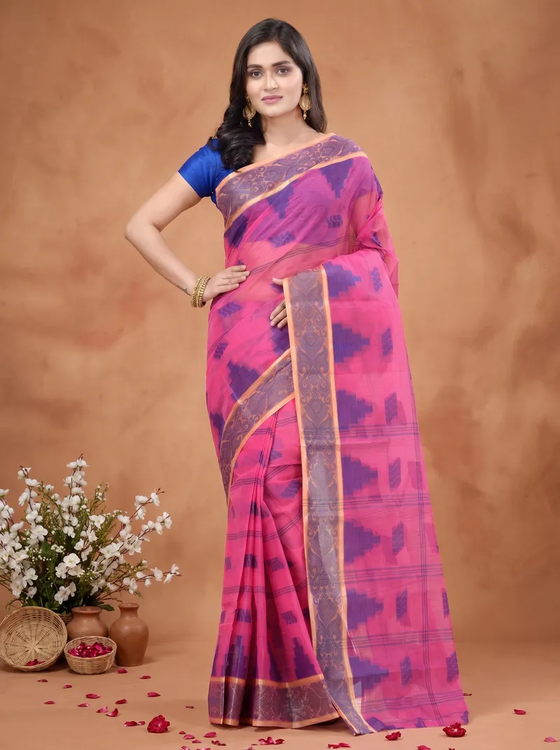 DipDiya Pure Cotton  Traditional Bengali Pink Artisan Crafted Kamala Desiging Tant Saree