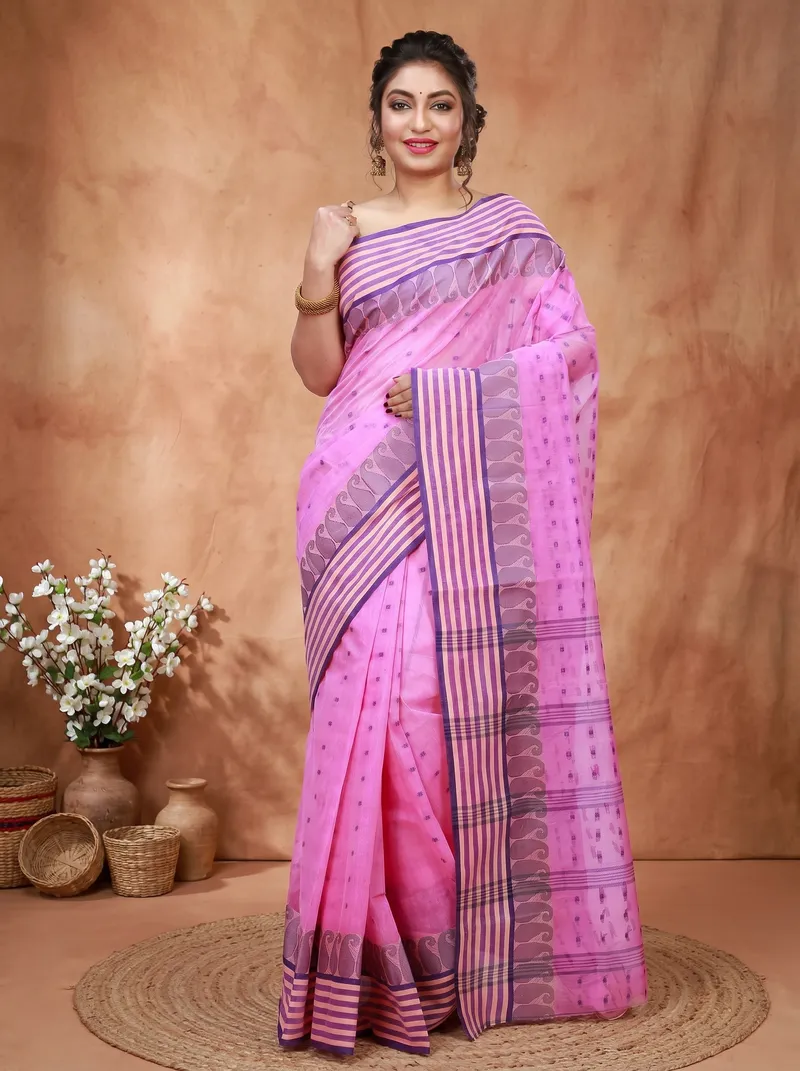 DipDiya Pure Cotton  Traditional Bengali Pink Artisan Crafted Moti Buti Tant Saree