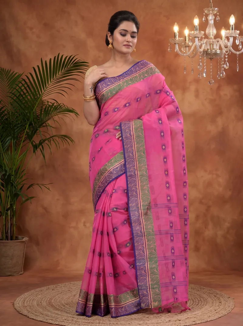 DipDiya Pure Cotton  Traditional Bengali Pink Artisan Crafted Pushti Desiging Tant Saree