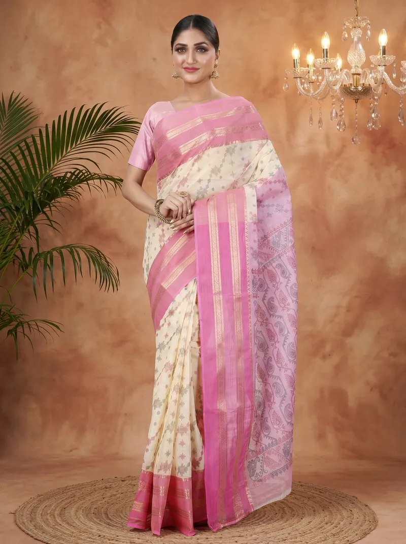 DipDiya Pure Cotton  Traditional Bengali Pink Artisan Crafted Rashi Print Printed Tant Saree