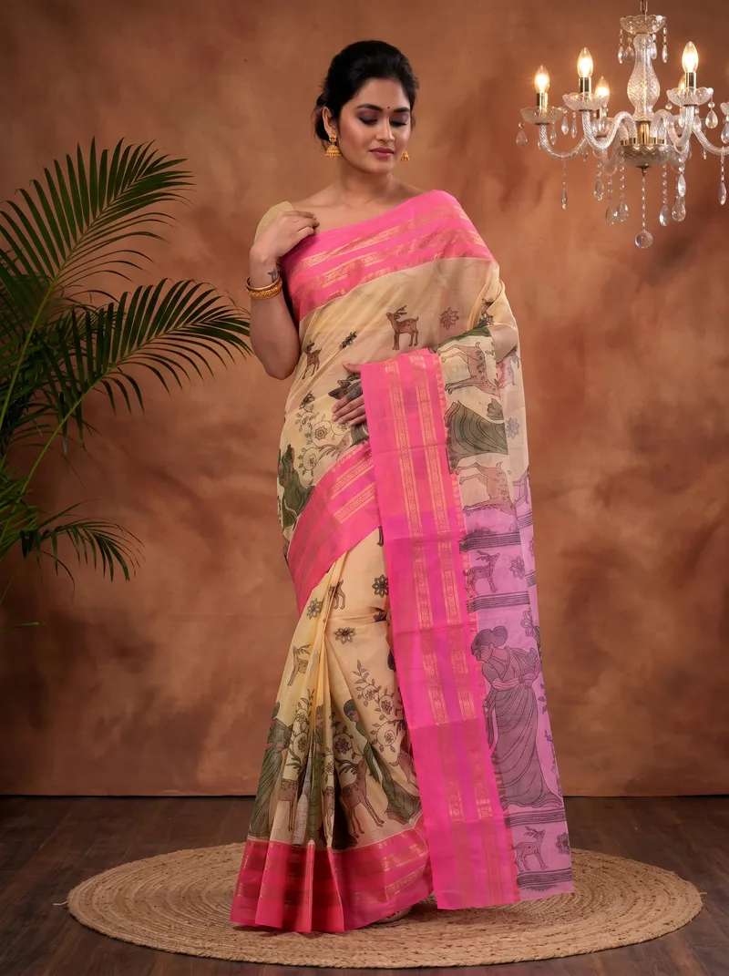DipDiya Pure Cotton  Traditional Bengali Pink Artisan Crafted Sakuntala Printed Tant Saree