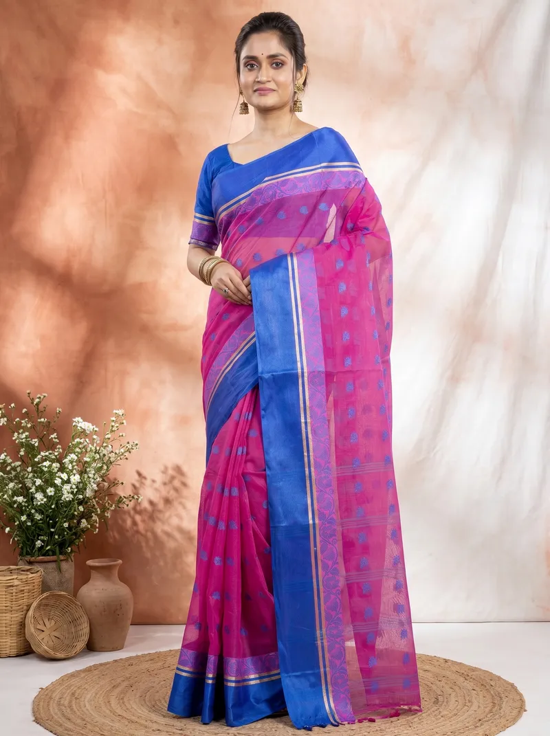 DipDiya Pure Cotton  Traditional Bengali Pink Artisan Crafted Sukla Velvet Tant Saree