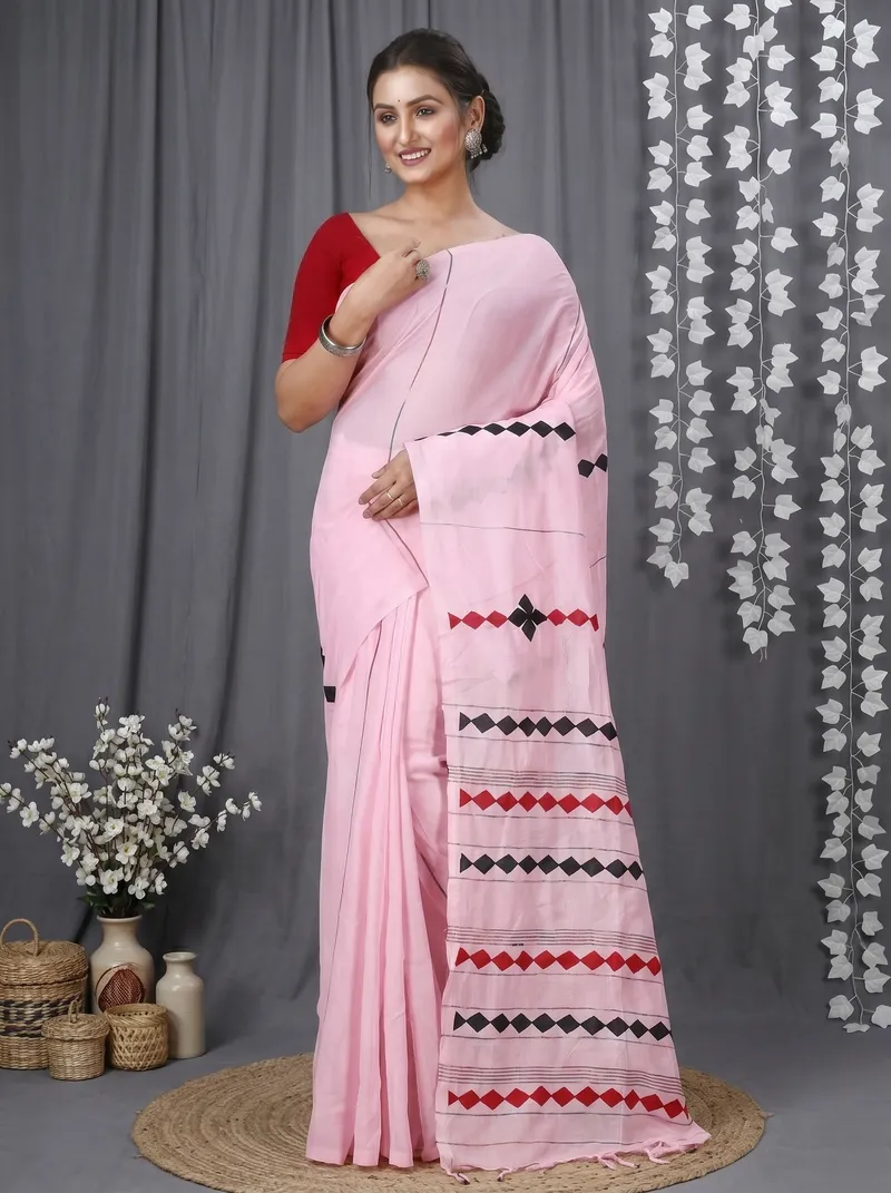 DipDiya Pure Cotton  Traditional Bengali Pink Artisan Crafted Tika Applique Saree