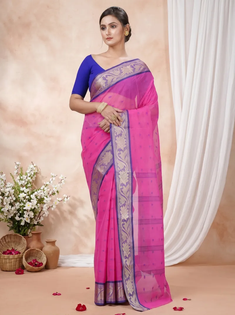 DipDiya Pure Cotton  Traditional Bengali Pink Artisan Crafted Unnati Tant Saree