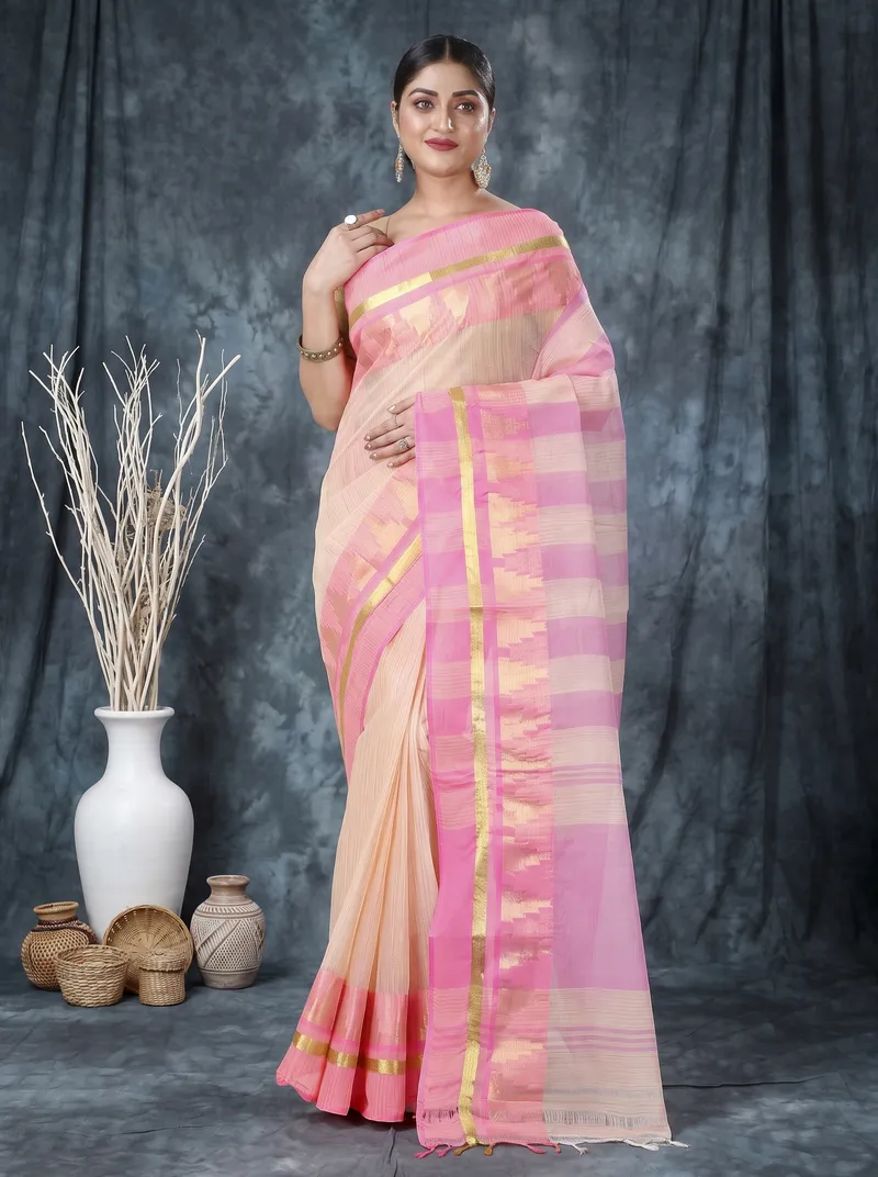 DipDiya Pure Cotton  Traditional Bengali Pink Artisan Crafted Vrinda Tant Saree