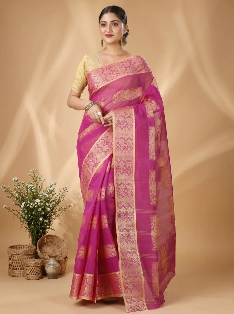 DipDiya Pure Cotton  Traditional Bengali Purple Artisan Crafted Strip Suparna Tant Saree