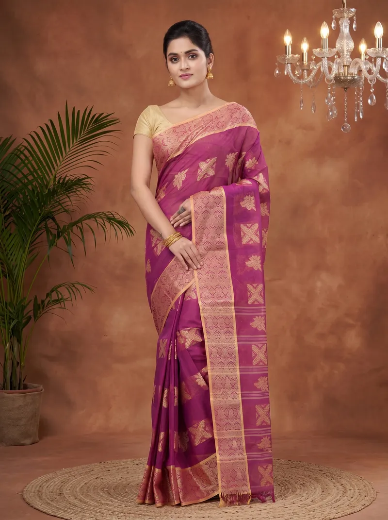 DipDiya Pure Cotton  Traditional Bengali Purple Artisan Crafted Suparna Buti Tant Saree
