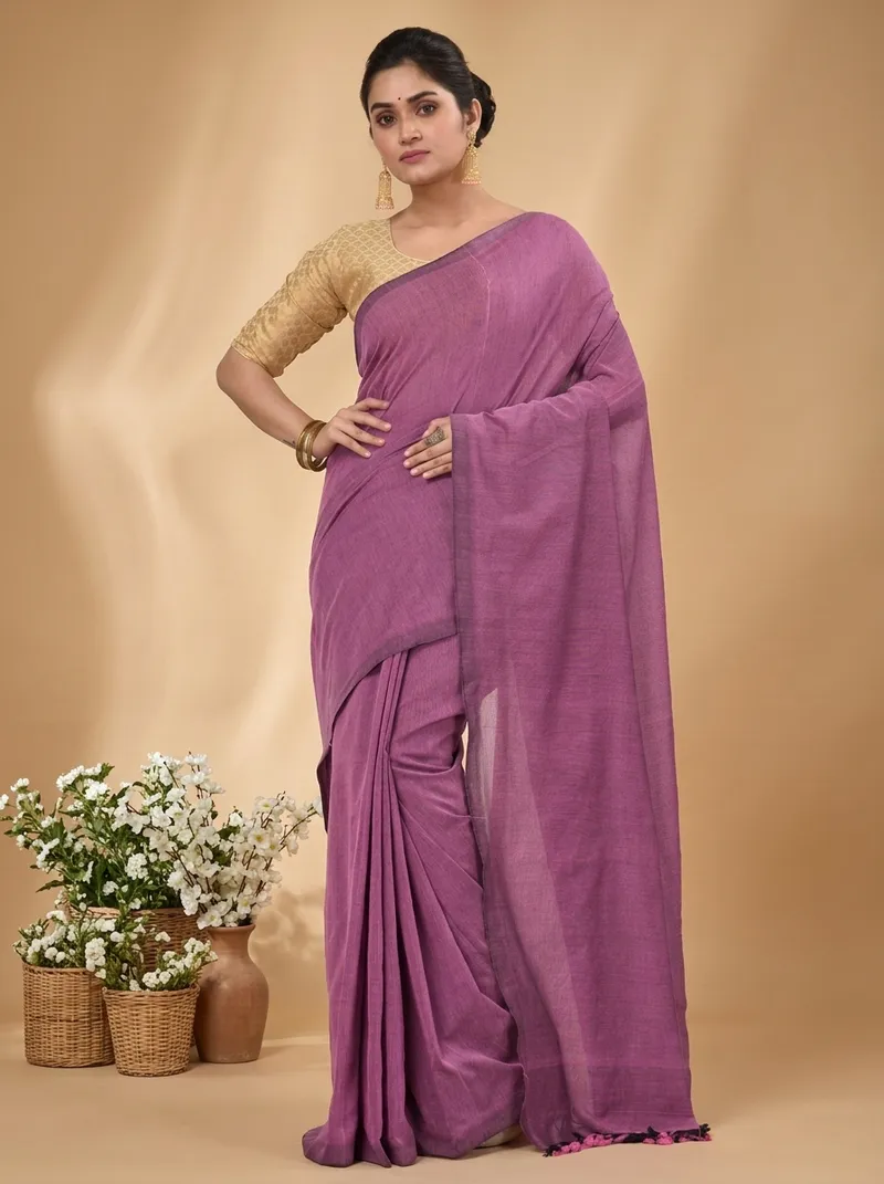 DipDiya Pure Cotton  Traditional Bengali Purple Artisan Crafted ThanKhadi Handloom Saree
