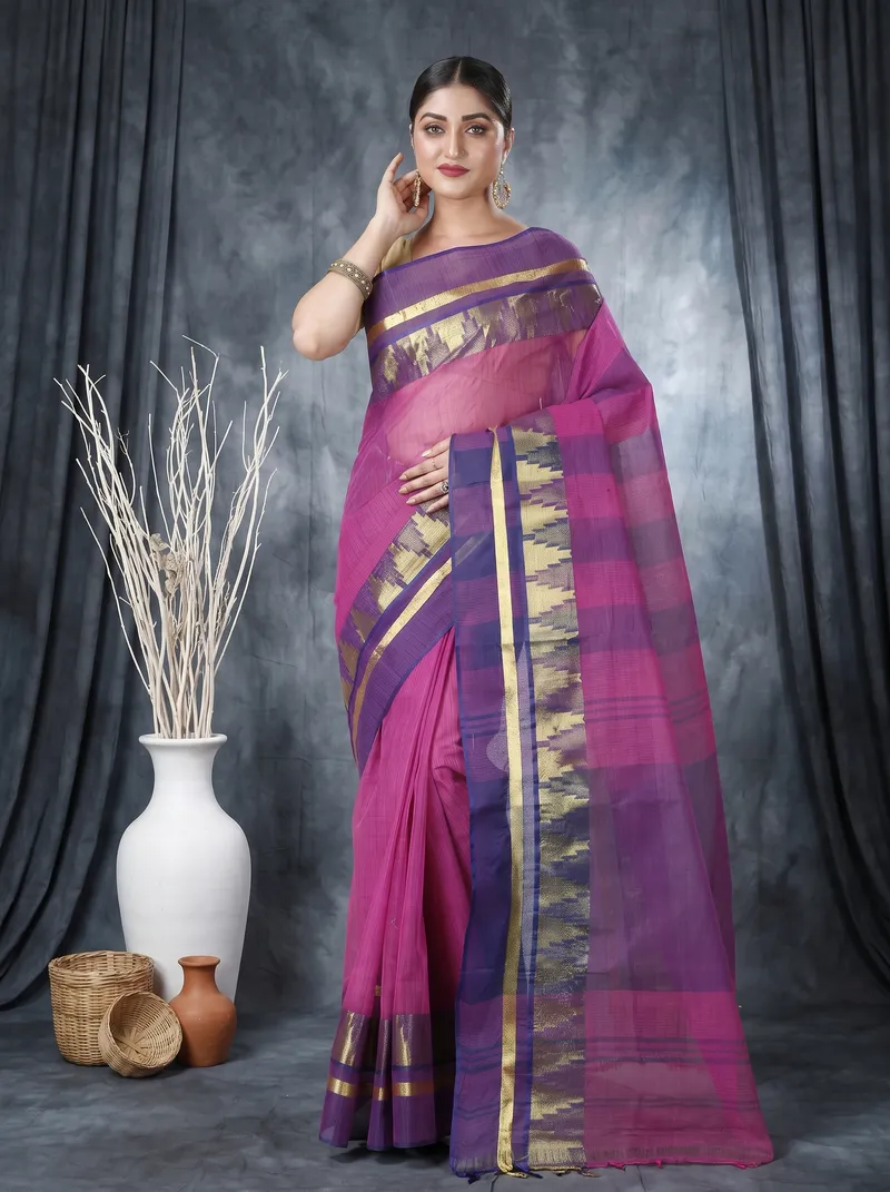 DipDiya Pure Cotton  Traditional Bengali Purple Artisan Crafted Vrinda Tant Saree