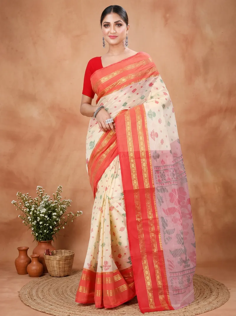 DipDiya Pure Cotton  Traditional Bengali Red Artisan Crafted FullBall Print Printed Tant Saree