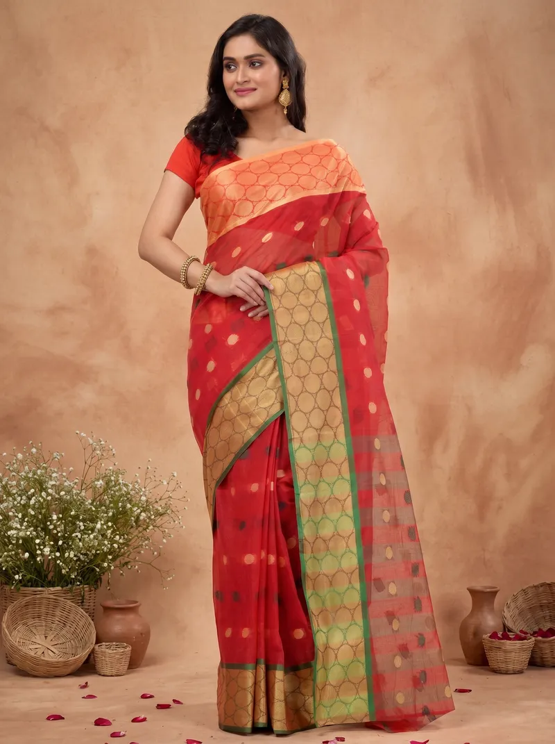 DipDiya Pure Cotton  Traditional Bengali Red Artisan Crafted Ganga Jamuna Tant Saree