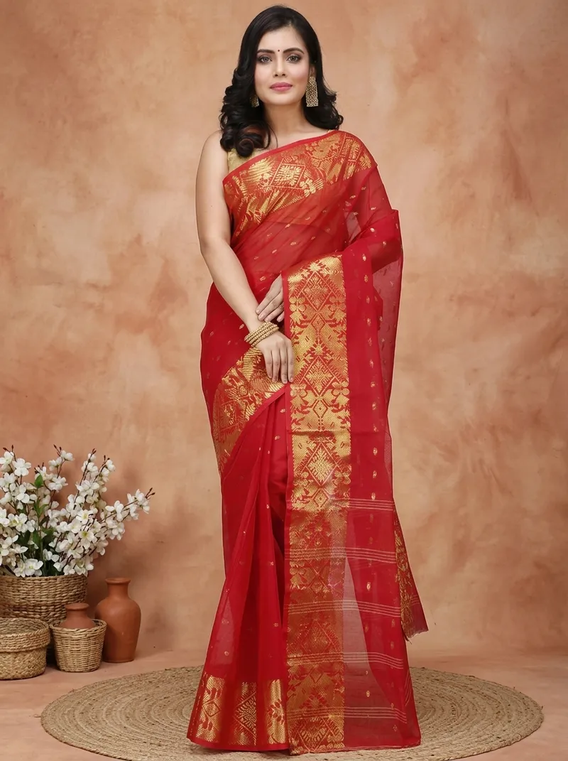 DipDiya Pure Cotton  Traditional Bengali Red Artisan Crafted Gopa Tant Saree