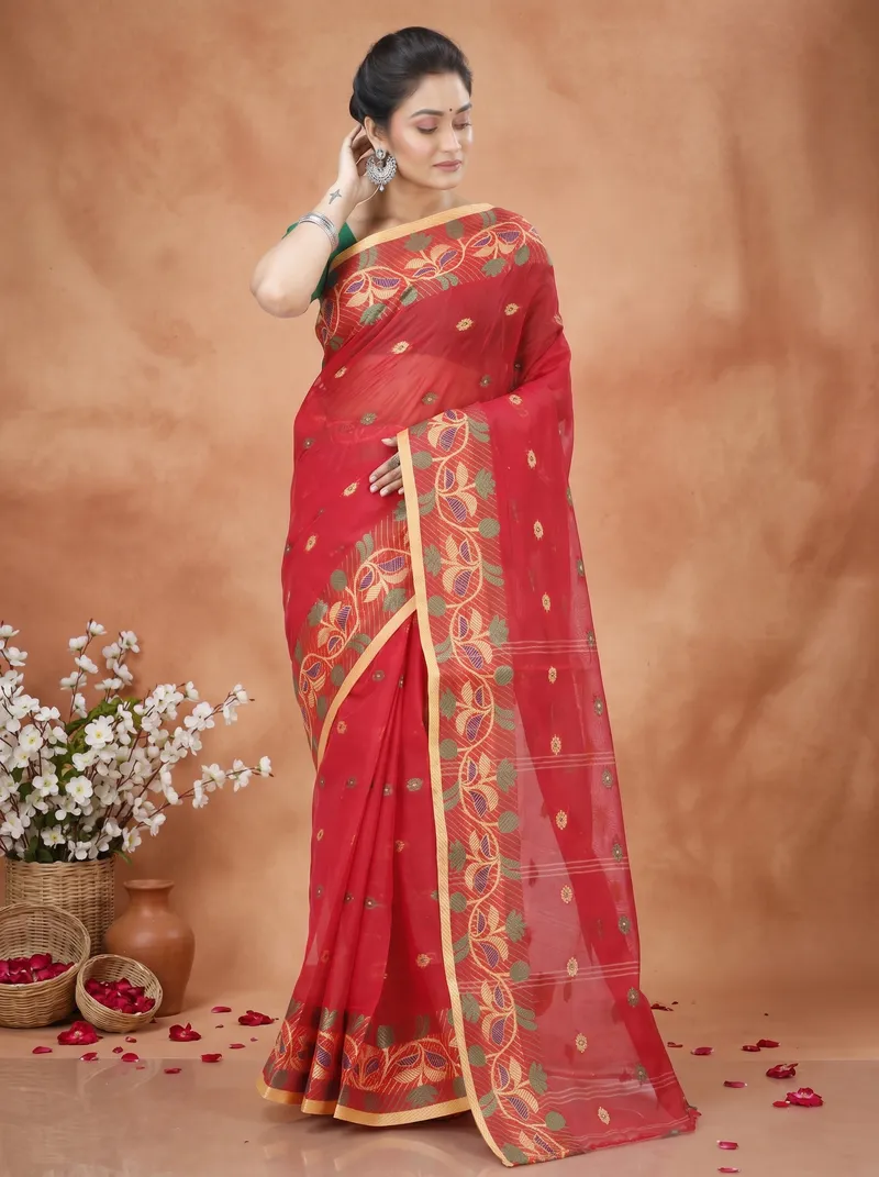 DipDiya Pure Cotton  Traditional Bengali Red Artisan Crafted Govindi Tant Saree