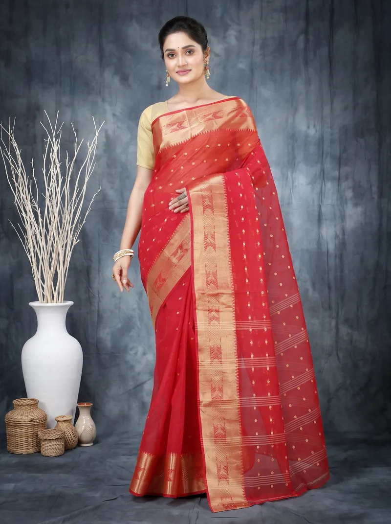 DipDiya Pure Cotton  Traditional Bengali Red Artisan Crafted Griva Tant Saree